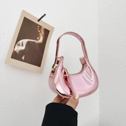 Mini Borsa Hobo A Mezzaluna In Vernice PU Lucida Superficie A Specchio Metallico Per Ragazze Borsetta Chic Trendy