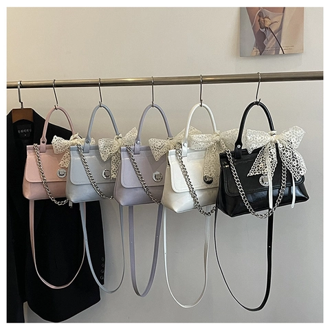 Sweet PU Leather Handbag With Large Lace Bow Silver Metal Chain Adjustable Strap Retro Crossbody Shoulder Bag For Women