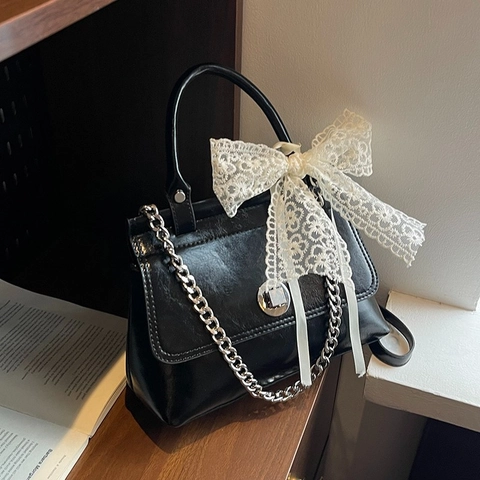 Sweet PU Leather Handbag With Large Lace Bow Silver Metal Chain Adjustable Strap Retro Crossbody Shoulder Bag For Women