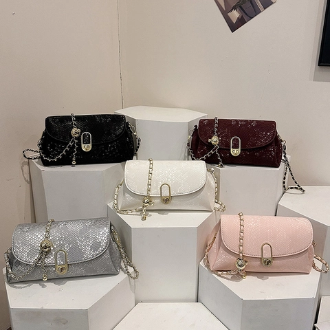 Women Snake Embossed PU Leather Shoulder Crossbody Bag With Gold Chain Strap And Turn Lock Closure Elegant Daily Commute