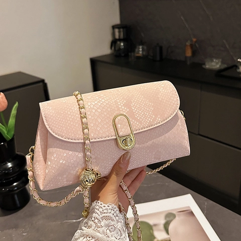Women Snake Embossed PU Leather Shoulder Crossbody Bag With Gold Chain Strap And Turn Lock Closure Elegant Daily Commute