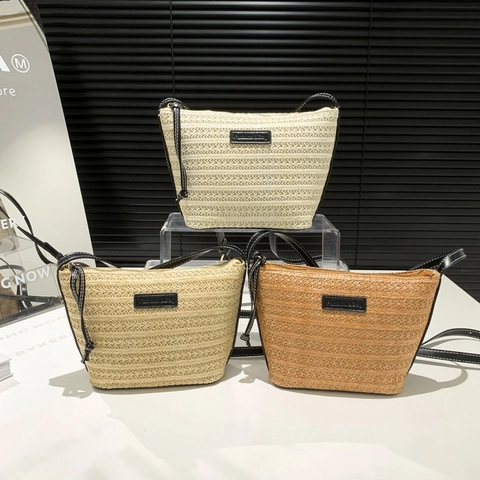 Borsa A Secchiello In Paglia Bordo In Pelle PU Vacanze Estive Al Mare Borsa A Tracolla Casual Stile Minimalista Per Donne