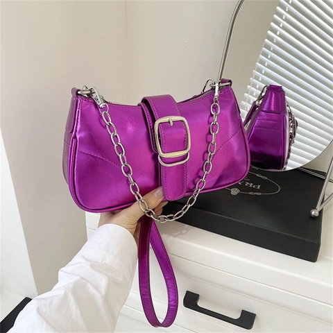 Borsa A Spalla Metallizzata Donna Borsa Baguette Con Catena Argento Grande Fibbia Quadrata Y2K Moda Borse A Tracolla