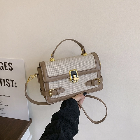 Borsa A Mano Donna Colori A Contrasto Vintage PU Tela Patchwork Piccola Borsa Quadrata Tracolla Con Chiusura Dorata