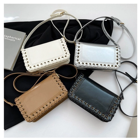 Women PU Leather Crossbody Bag Small Square Shoulder Purse With Woven Lacing Metal Eyelets Trendy Minimalist Solid Color