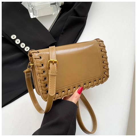 Women PU Leather Crossbody Bag Small Square Shoulder Purse With Woven Lacing Metal Eyelets Trendy Minimalist Solid Color