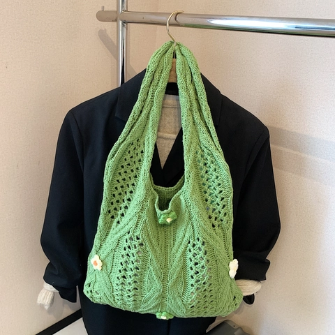 Damen Häkel Strickhandtasche Süße Blumen Dekoration Hohl Aus Große Kapazität Lässige Schulter Einkaufstasche Pastoralen Stil