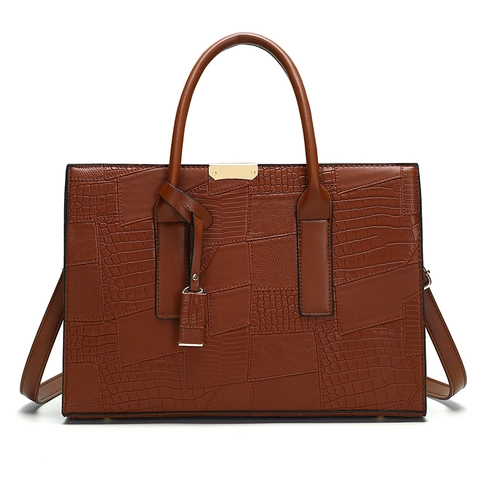 Vintage Women Tote Bag PU Leather Crocodile Embossed Patchwork Commuter Shoulder Handbag
