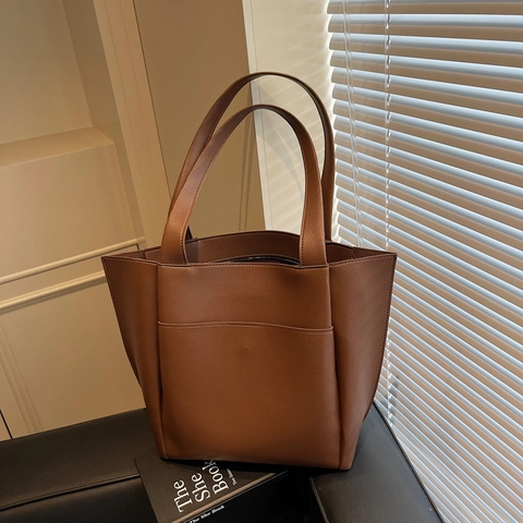 Borsa Tote Grande Capacità Donna Pelle PU Trama Lychee Minimalista Borsa A Mano Con Tasca Frontale Versatile