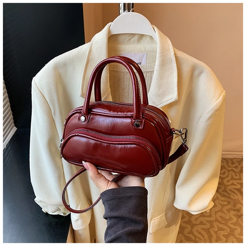 Glossy PU Leather Mini Handbag Women Retro Boston Crossbody Bag Detachable Strap Wave Zipper Pocket Modern Minimalist