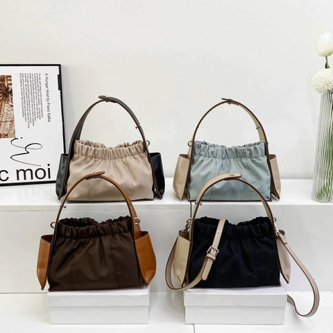 Borsa A Spalla Pieghettata Da Donna Nylon Ecopelle Patchwork Coulisse Retro Borsa A Mano Casual Versatile