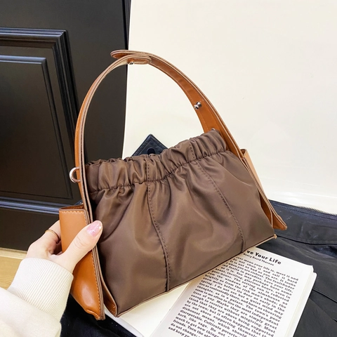 Borsa A Spalla Pieghettata Da Donna Nylon Ecopelle Patchwork Coulisse Retro Borsa A Mano Casual Versatile