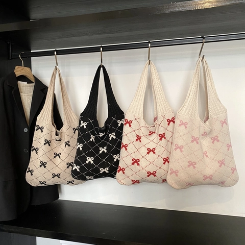 Knitted Tote Bag Bow Lattice Pattern Large Capacity Shoulder Handbag For Women Casual Fashion Versatile Soft