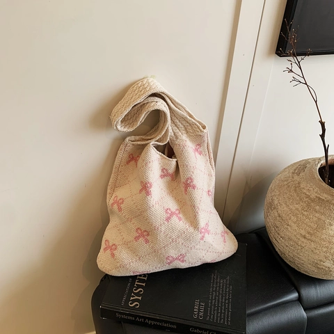 Knitted Tote Bag Bow Lattice Pattern Large Capacity Shoulder Handbag For Women Casual Fashion Versatile Soft