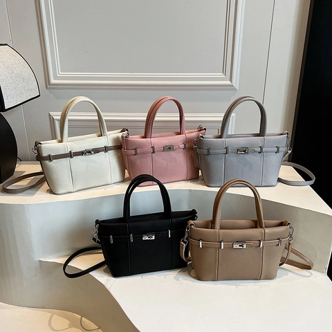 Borsa A Mano Da Donna In Pelle PU Con Motivo Litchi Chiusura A Girello Argentata Cintura Decorativa Elegante