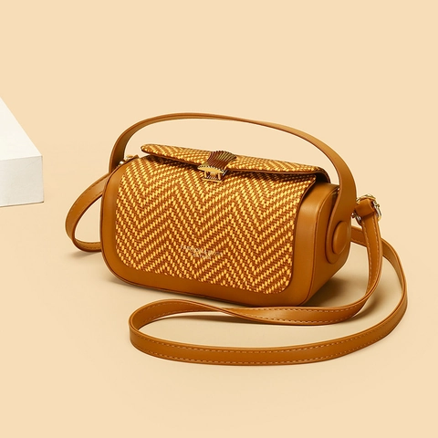 Women Shoulder Handbag PU Leather Chevron Braided Pattern Golden Lock Crossbody Box Bag Fashion Elegant Versatile