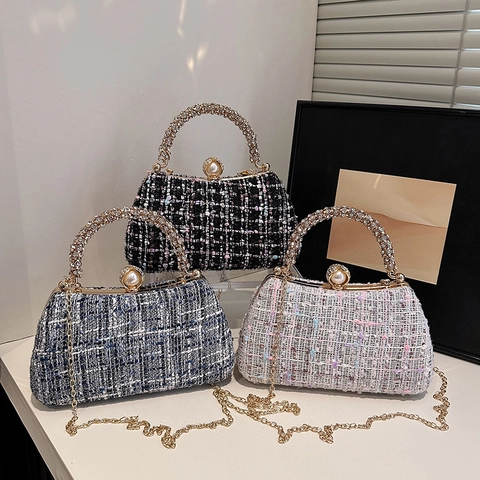Borsa Da Sera In Tweed Con Manico In Strass E Chiusura In Perla Artificial Pochette A Tracolla Per Matrimonio Festa