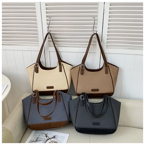 Women Large Capacity Tote Bag Canvas PU Leather Stitching Casual Commuter Shoulder Handbag Retro Style