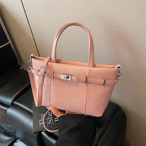 Borsa A Mano Da Donna In Pelle PU Con Motivo Litchi Chiusura A Girello Argentata Cintura Decorativa Elegante