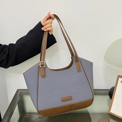 Women Large Capacity Tote Bag Canvas PU Leather Stitching Casual Commuter Shoulder Handbag Retro Style