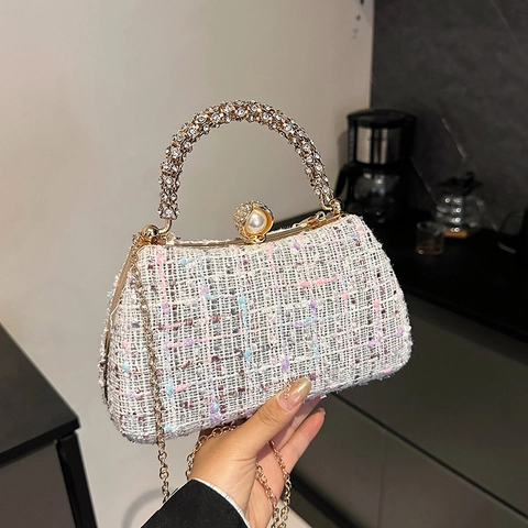 Borsa Da Sera In Tweed Con Manico In Strass E Chiusura In Perla Artificial Pochette A Tracolla Per Matrimonio Festa