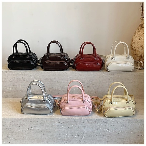 Glossy PU Leather Mini Handbag Women Retro Boston Crossbody Bag Detachable Strap Wave Zipper Pocket Modern Minimalist