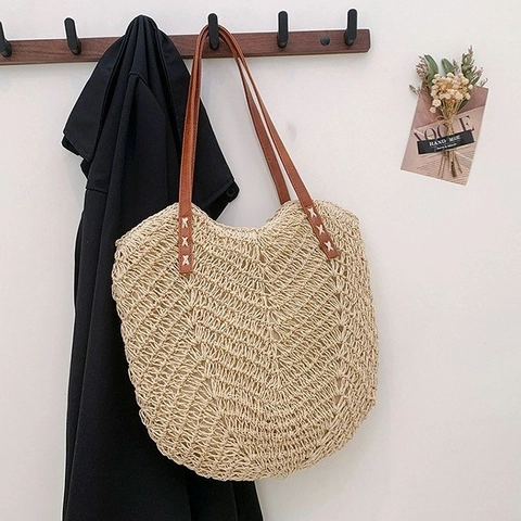 Borsa Tote In Paglia Intrecciata Da Donna Svuotata Grande Capacità Borsa A Spalla Da Spiaggia Casual Con Cinturini In Pelle