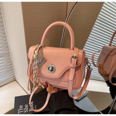 Glossy PU Leather Handbag Women Small Square Crossbody Bag With Metal Lock And Decorative Scarf Shoulder Messenger Bag