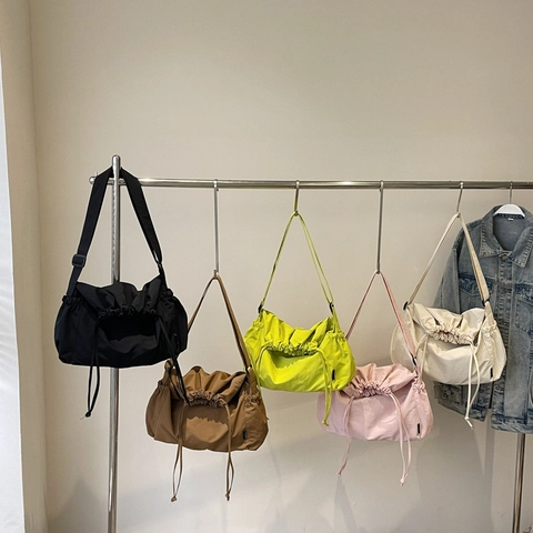 Large Capacity Canvas Shoulder Crossbody Bag With Drawstring Closure Adjustable Strap Solid Color Casual For Women