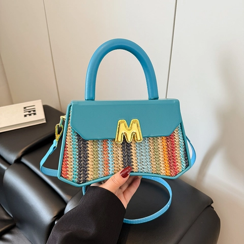 Borsa Intrecciata Righe Colorate Pelle PU Contrasto Borsa A Spalla Con Fibbia In Metallo M Dorata Tracolla Per Donne