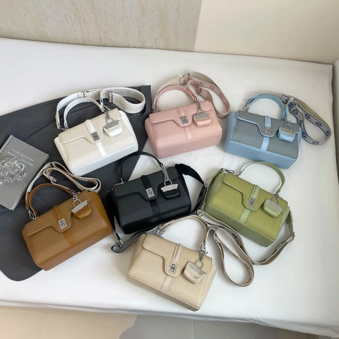 Woven Texture Flap Shoulder Bag For Women With Wide Patterned Strap And Mini Bag Charm PU Leather Crossbody Handbag