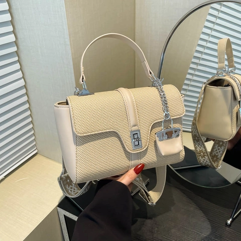 Woven Texture Flap Shoulder Bag For Women With Wide Patterned Strap And Mini Bag Charm PU Leather Crossbody Handbag