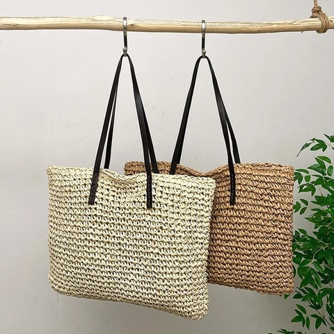 Große Kapazität Gewebte Stroh Tote Tasche Sommer Strand Handgewebte Schulter Handtasche Reißverschluss Damen Urlaub