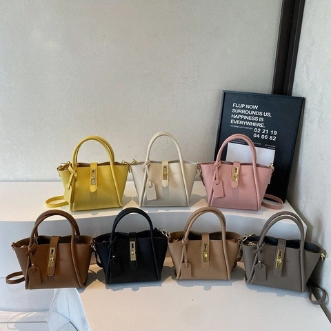 Women Litchi Grain PU Leather Bucket Handbag Gold Twist Lock Adjustable Shoulder Strap Crossbody Bag Casual Elegant
