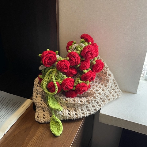 Borsa A Secchiello All'uncinetto Fatta A Mano Borsa A Tracolla In Maglia Traforata Con Fiore Di Rosa 3D Stile Pastorale Donne