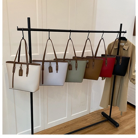 Women Large Capacity Tote Bag PU Lychee Pattern Leather Handbag Shoulder Bag Contrast Color Commuting Fashion Style