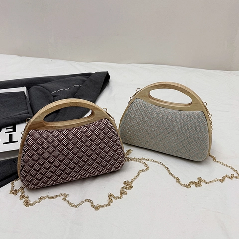 Borsa A Mano In Paglia Intrecciata Con Manico In Legno E Tracolla A Catena In Metallo Retro Motivo Geometrico Borsa Da Sera