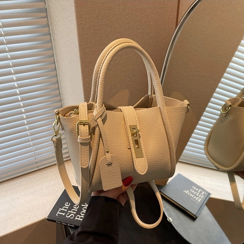 Women Litchi Grain PU Leather Bucket Handbag Gold Twist Lock Adjustable Shoulder Strap Crossbody Bag Casual Elegant