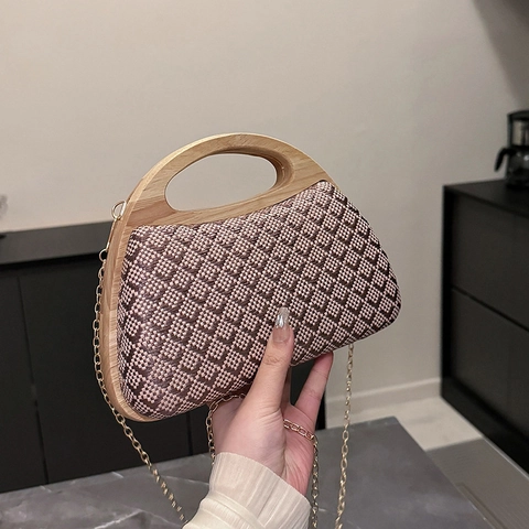 Borsa A Mano In Paglia Intrecciata Con Manico In Legno E Tracolla A Catena In Metallo Retro Motivo Geometrico Borsa Da Sera