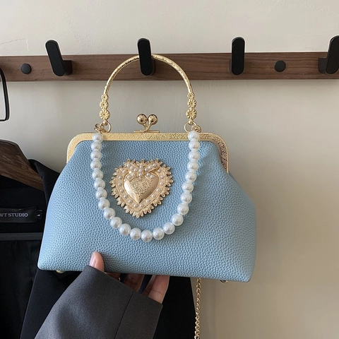Sac À Fermoir Vintage Cuir PU Grain De Litchi Poignée En Künstliche Perles Pochette De Soirée Élégante Style Français Chaîne Femme