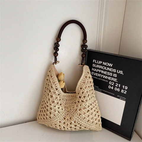 Woven Shoulder Bag Crochet Straw Tote With Wooden Bead Handle Hollow Out Beach Vacation Boho Style Handbag For Women