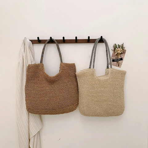 Gewebte Stroh Tote Tasche Große Kapazität Handtasche Mit Gestreiften Griffen Sommer Strand Urlaub Casual Stil Für Frauen