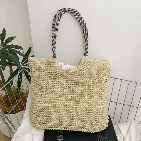 Gewebte Stroh Tote Tasche Große Kapazität Handtasche Mit Gestreiften Griffen Sommer Strand Urlaub Casual Stil Für Frauen