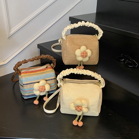 Borsa A Mano In Paglia Da Donna Con Fiore In Tessuto 3D Manico Scrunchie Moda Spiaggia Estate Borsa A Tracolla