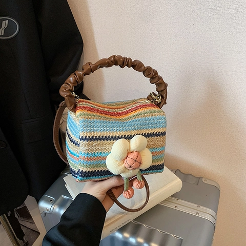 Borsa A Mano In Paglia Da Donna Con Fiore In Tessuto 3D Manico Scrunchie Moda Spiaggia Estate Borsa A Tracolla