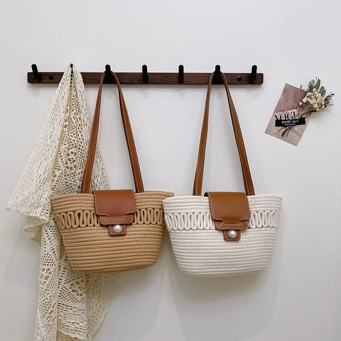 Borsa A Secchiello Intrecciata In Paglia Da Donna Con Decorazione Di Künstliche Perle Grandi Patta In Pelle Marrone Borsa A Tracolla