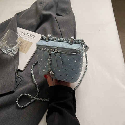 Gewatteerde PU Lederen Mini Box Crossbody Tas Strass Kettingriem Camelia Bloem Hanger Elegant Modieus