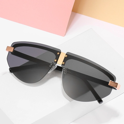 Oversized Rimless Sunglasses For Women Fashion Gradient PC Lens UV400 Protection Cat Eye Gold Metal Accents