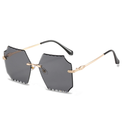 Rimless Hexagonal Sunglasses For Women Metal Temples Wave Cut Lens UV400 Protection Gradient Fashion Eyewear