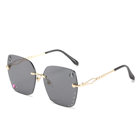 Lunettes De Soleil Carrées Sans Monture Avec Cadre Métallique UV400 Strass Coeur Cristal Lentille PC Mode